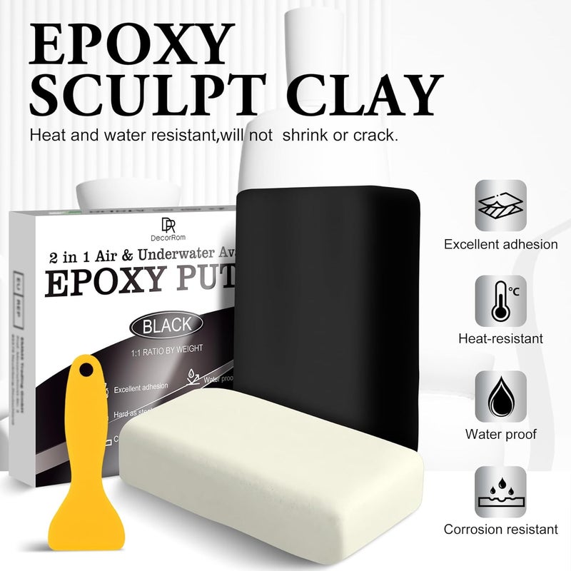 DecorRom Epoxy Putty - 12oz 2 Part Strong Formula, Ceramic Repair for Cracks, Filling & Epoxy Sculpt - for Metal, Concrete, Plastic, Ceramics - Fast, Durable Concrete Crack Repair & Plumbers Putty (Black) - Image 2